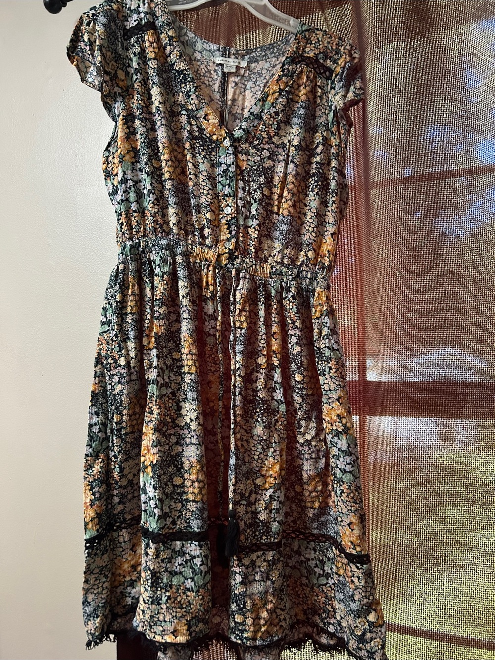 American Eagle Outfitters Black Floral Button-Front Dress with Yellow Accents
